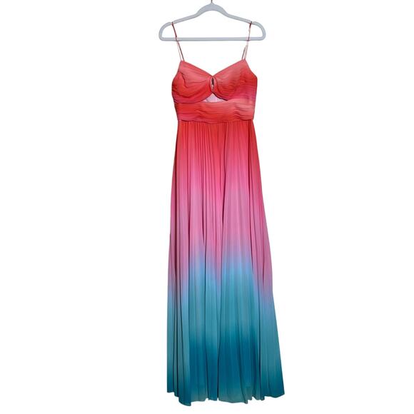Amur Sleeveless Front Cut Out Emmet Pleated Chiffon Gown Ombre Sunset Size 4 - Picture 8 of 16